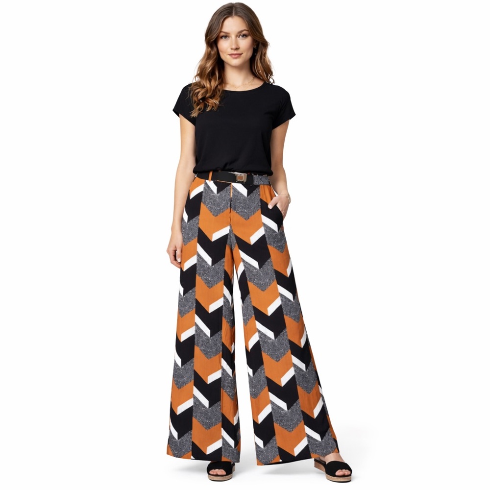 Anthropologie Elevenses Wide Leg Pants Chevron Palazzo 2P UK6P EU34P High Waist